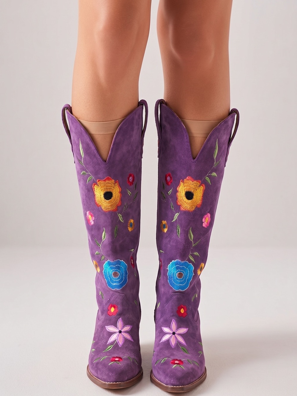 NWT dingo Purple Suede Over-the-Knee Boots with Floral Embroidery